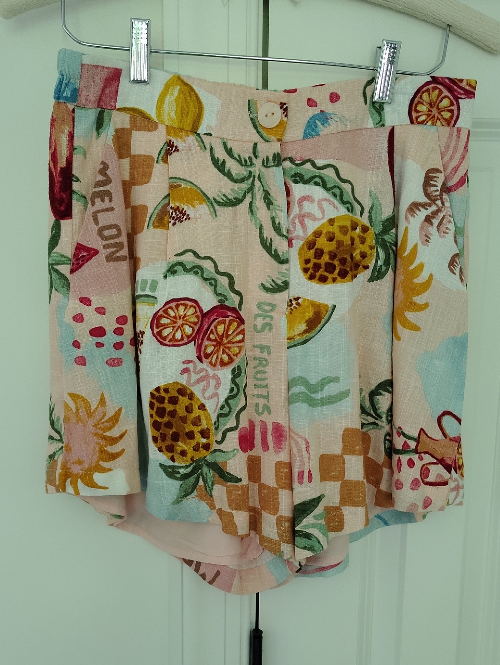 Paper Heart Pink Tropical Fruit Linen Blend Elastic Waist Shorts Australian M